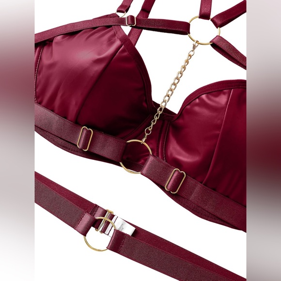 NEW - Sexy Burgundy Pu Leather‎ Strappy Underwire Garter Belt Lingerie Set - Picture 3 of 6
